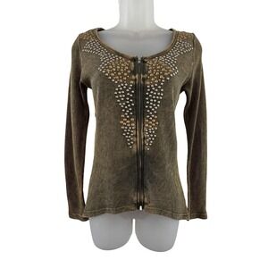 Mandee Shirt Womens Small Green Sheer Lace Back Studded Zip Tunic Top Y2K Goth